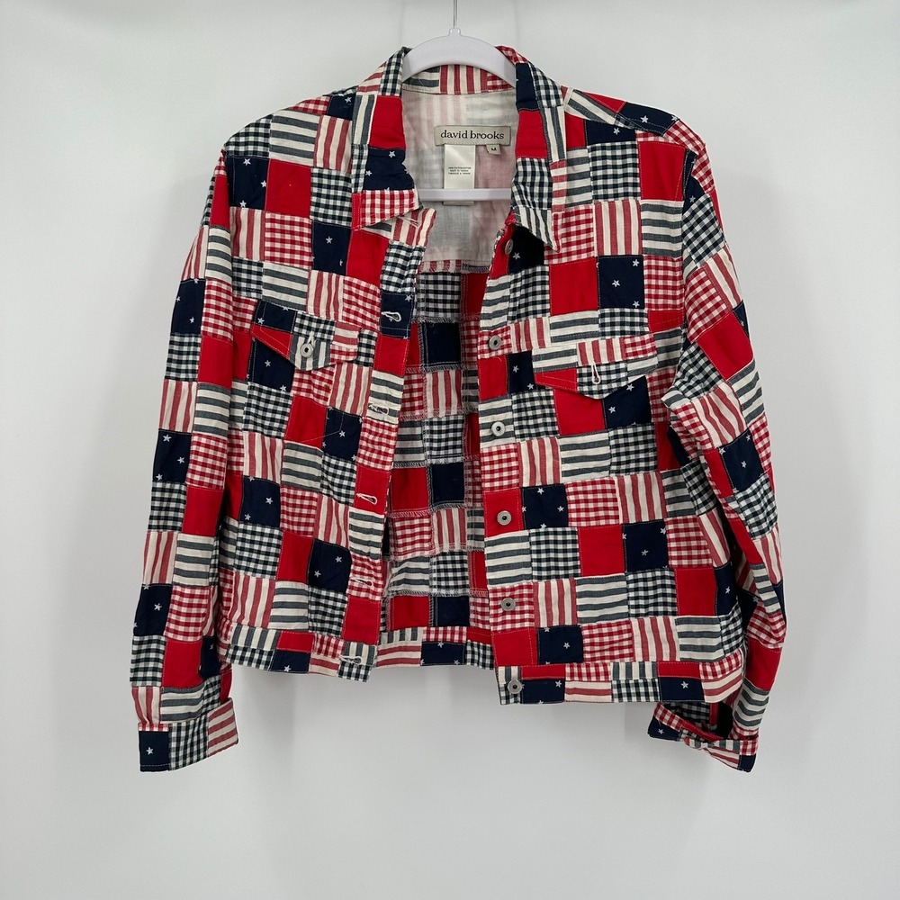 Womens Patriotic Americana Patchwork Jacket Size M Red White‎ Blue Stars Cotton